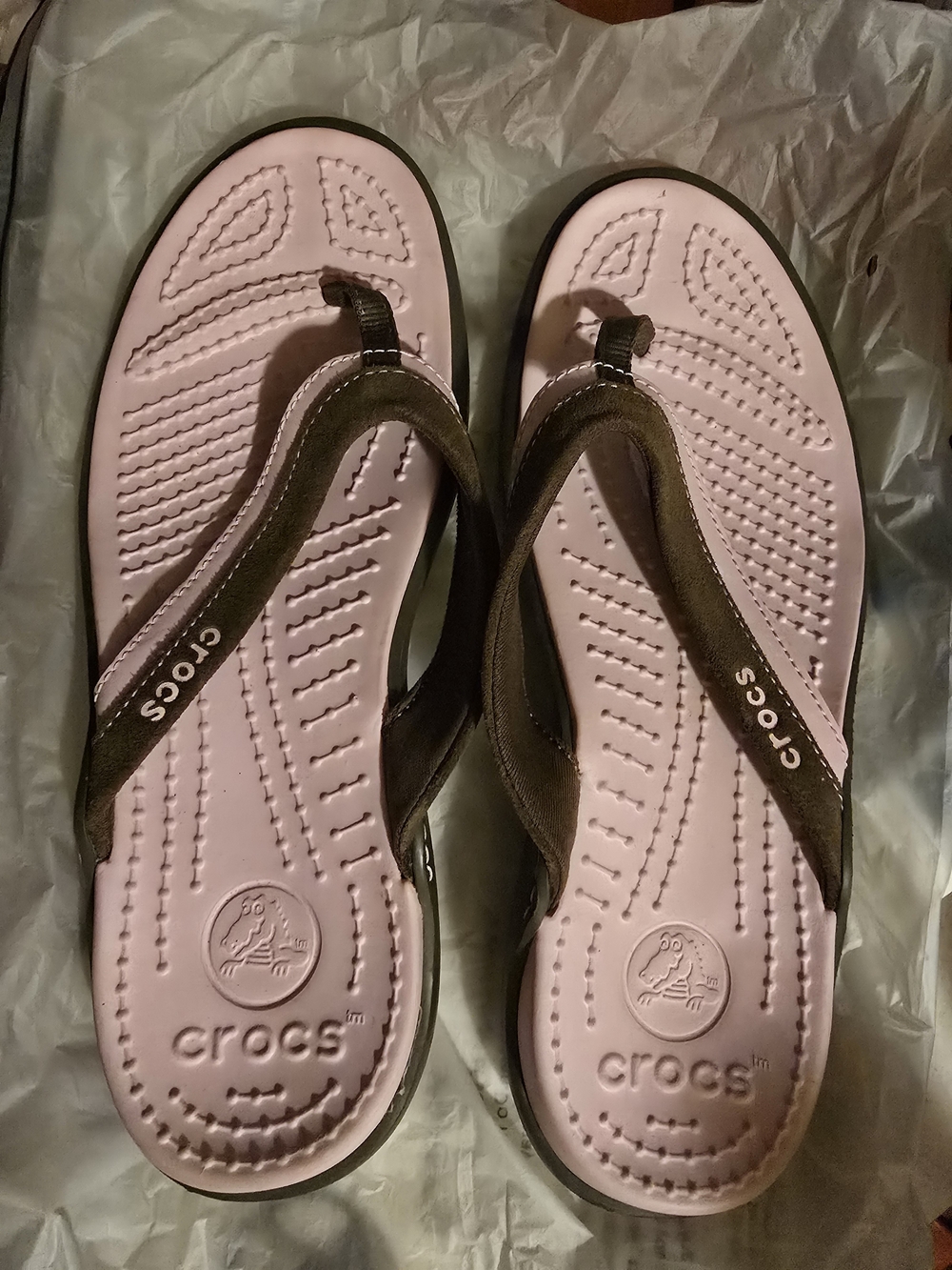 CROCS Pink Footbed with Brown Strap Thong Sandals